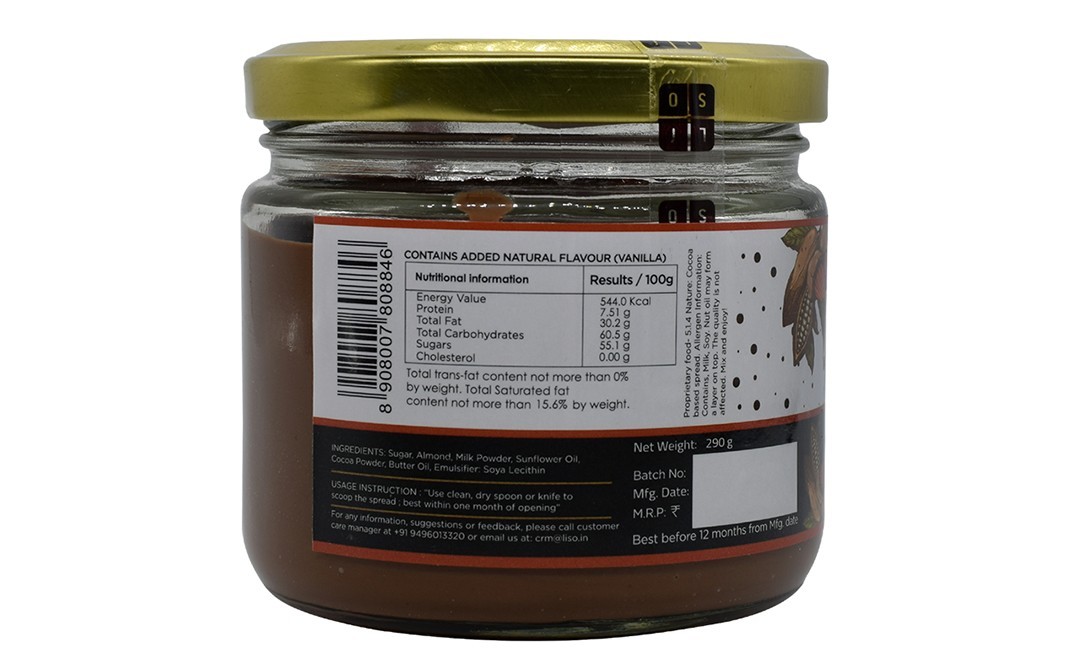 Liso Almond Spread Almond with Cocoa   Glass Jar  290 grams